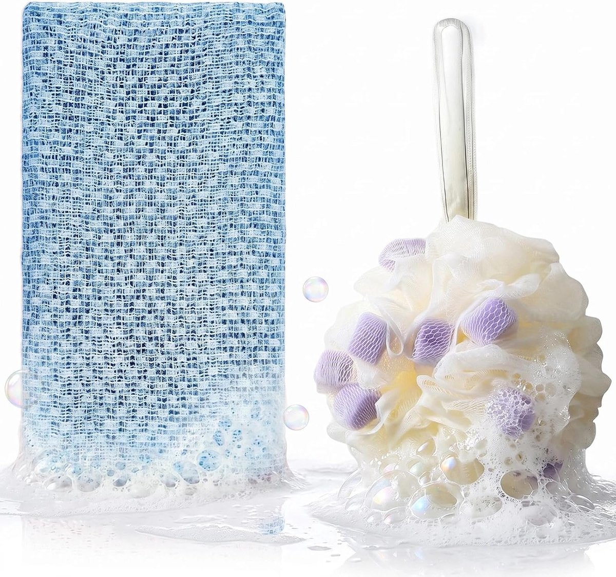 Douchedoek met douchespons, blauwe rugscrubber