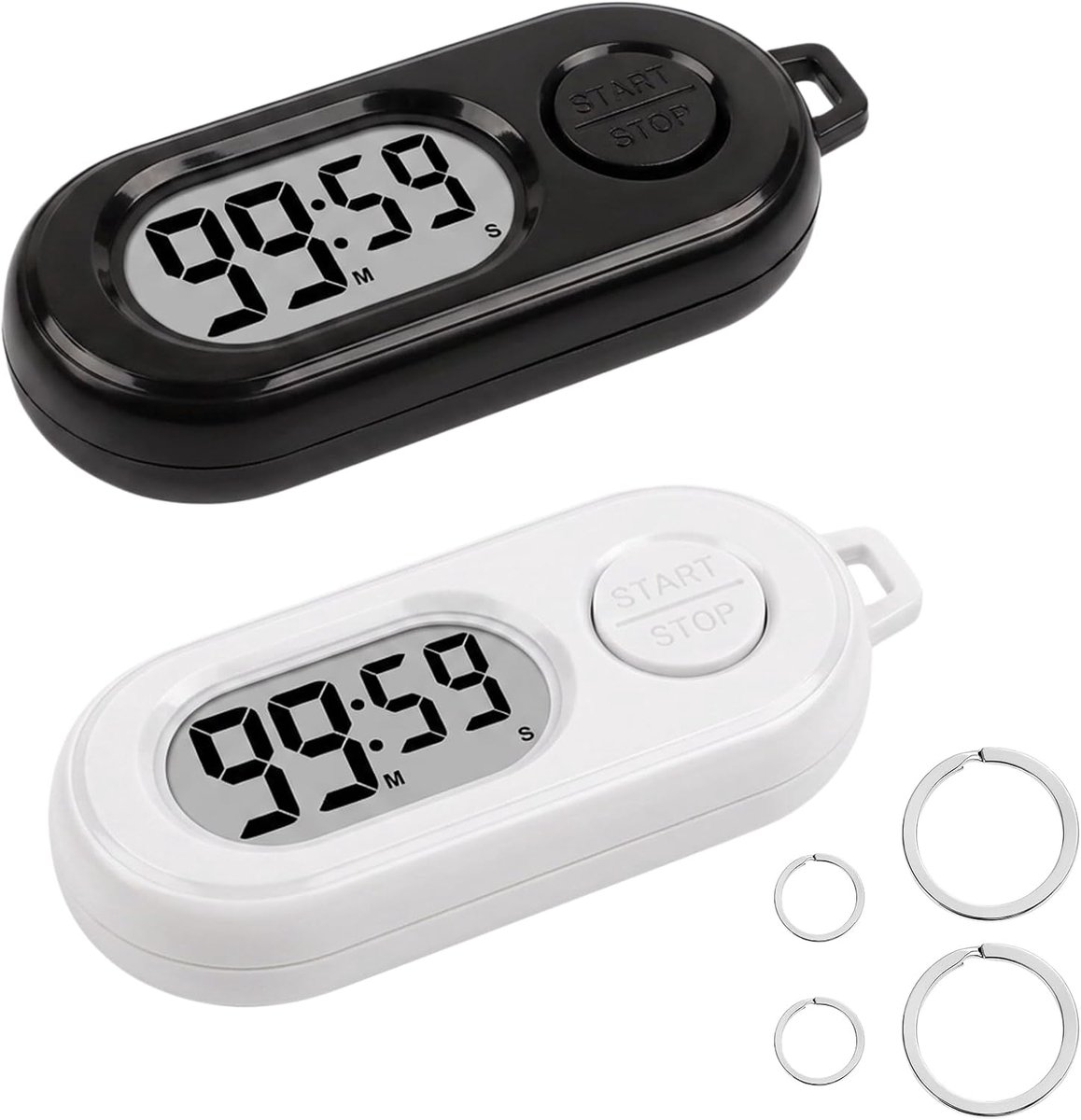 Set van 2 elektronische digitale mini-klokken met sleutel (1 zwart, 1 wit), nauwkeurige kookklok met geluidsopname, draagbare minutenklok voor koken, sport, leren en kinderen