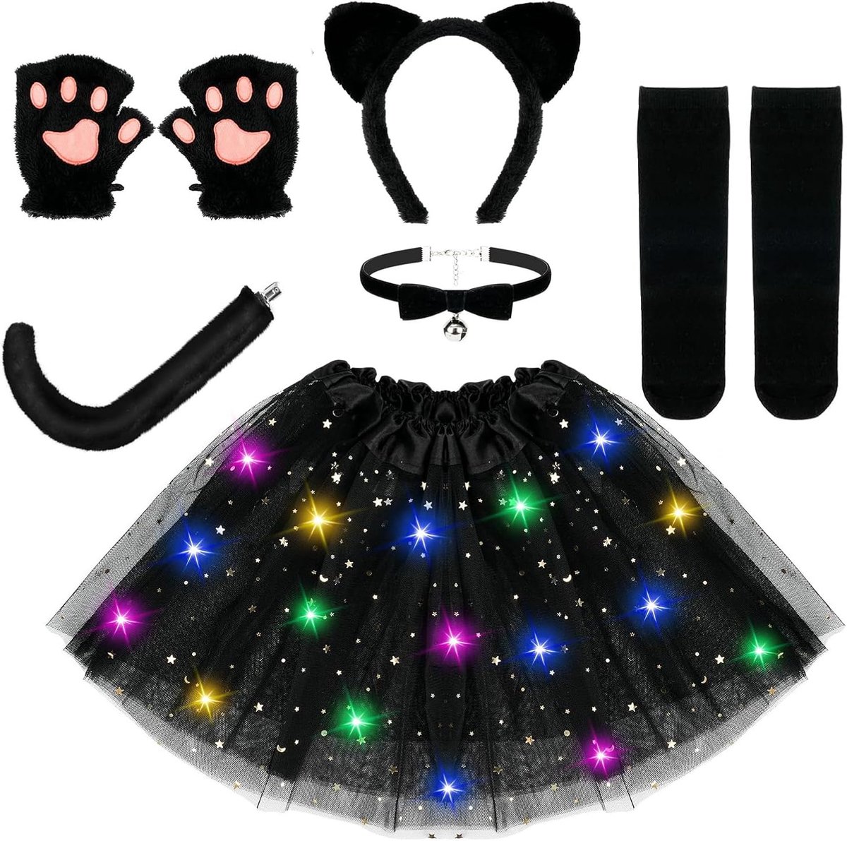 Dierenkostuum voor kinderen, kattenkostuum voor meisjes, cosplay-set voor kat, met led-tutu-rok, haarband met oren, staart, vlinderdas, sokken, handschoenen voor carnaval, Halloween, cosplay, feest