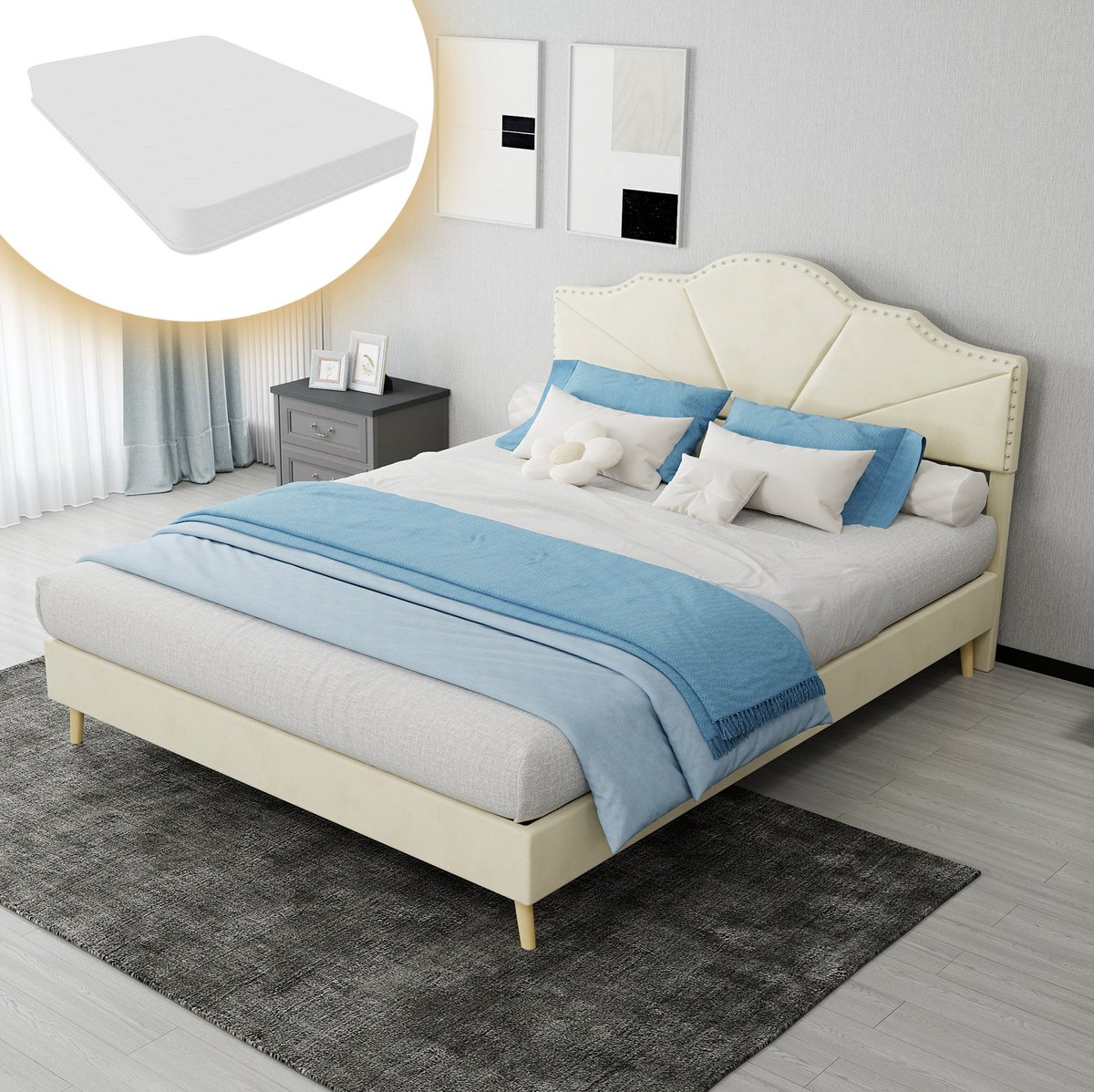 REDOM Bedframe - Gestoffeerd hoofdbord - Geometrische details en siernagels - Lattenbodem - Inclusief matras - Moderne stijl - Slaapkamer - Stof en metaal - Beige - 140 x 200 cm