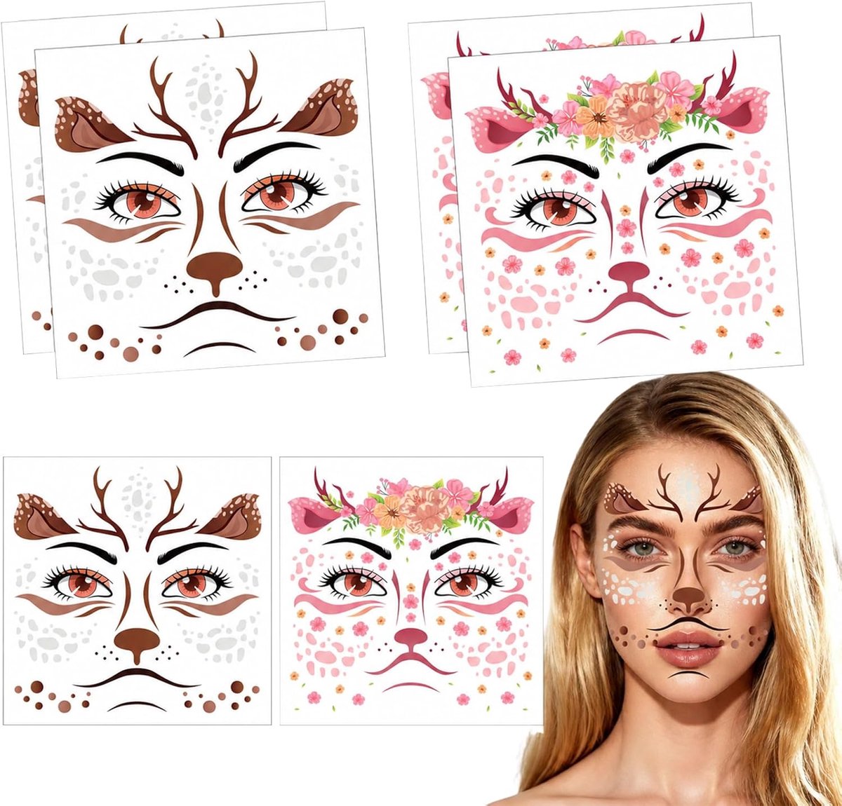 6 vellen rendiergezichtsstickers voor feestelijke gelegenheden, zelfklevend, decoratief voor Halloween, Kerstmis en carnaval, ideaal voor rendierkostuums en themafeesten