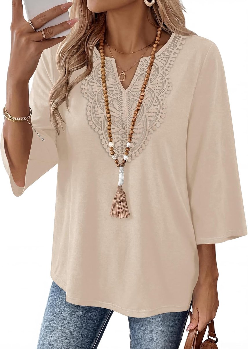 Dames tops 3/4 mouw Boho Shirt Kant V-hals Blouse Zomerkleding