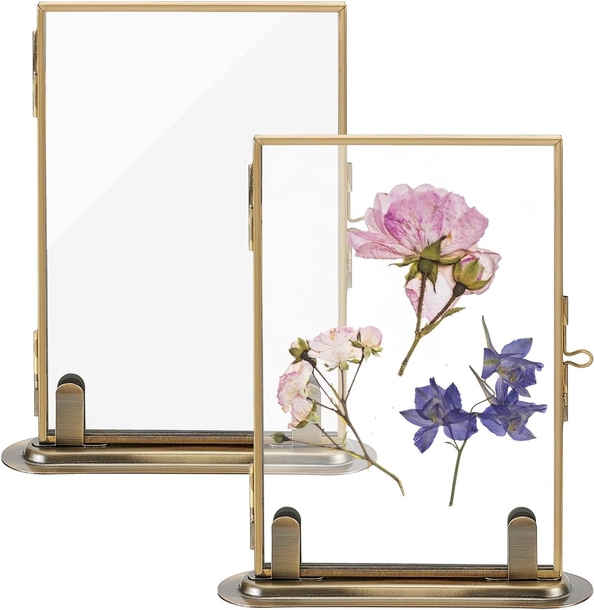 2 Pcs Gold Floating Frames,Vintage Brass Photo Frames,Clear Glass Pressed Flower Frame,Tabletop Display Photo Frames - ShopVlot