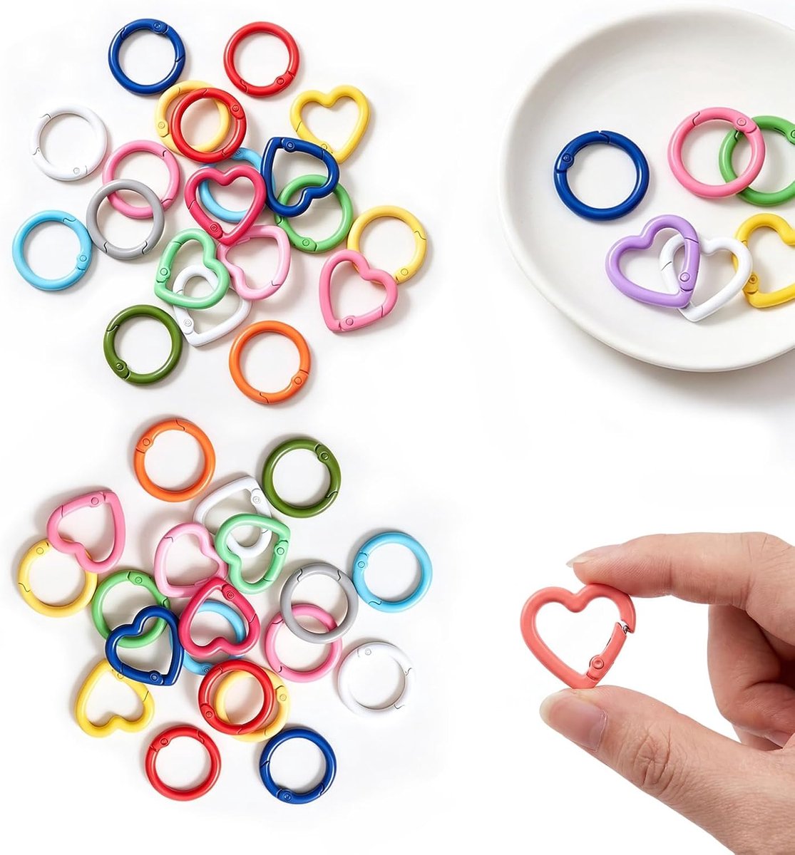 50 stuks sleutelringen kleurrijk, mini-karabijnhaken set met 25 ronde 25 mm en 25 harten 24 mm, zinklegering - ShopVlot