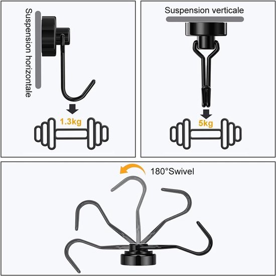 KARELLS 8pcs Black Magnetic Hooks 5kg Magnetic Hooks Black Extra Strong 16mm Rotating Swing, Neodymium Magnet Hooks - ShopVlot — afbeelding 3