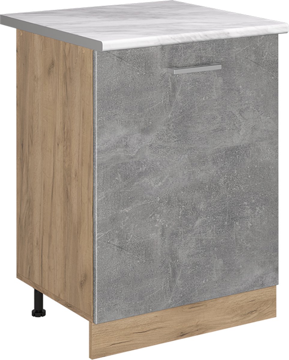 Vicco Keukenonderkast R-Line, Beton/Goudkleurig Eiken, 60 cm met 1 deur marmer werkblad