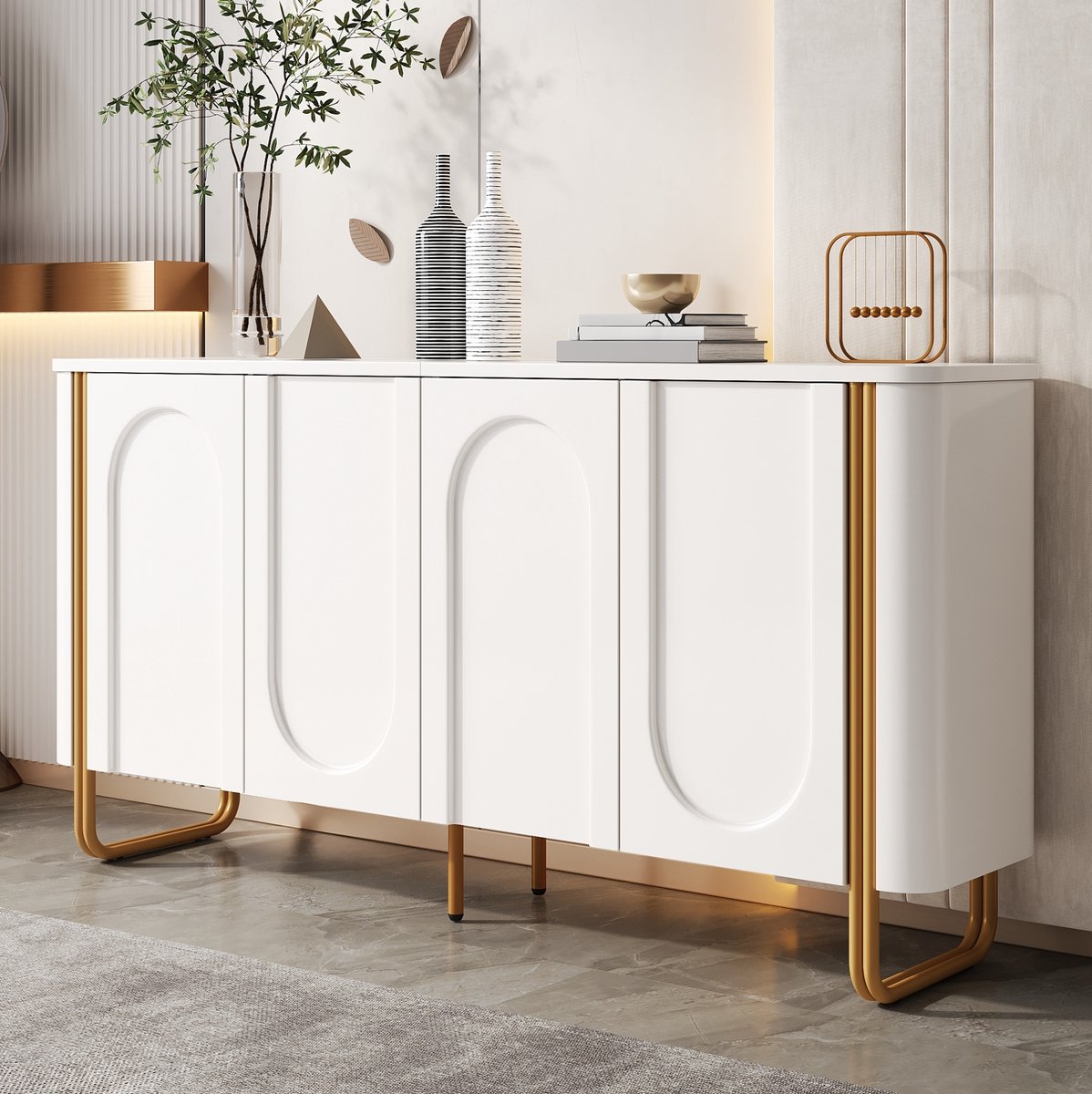 OKWISH Dressoir - Vier Deuren Met Drukopeningssysteem - Voor Woonkamer, Eetkamer Of Hal - MDF Wit Met Gouden IJzeren Poten - 160 x 35 x 80,5 cm