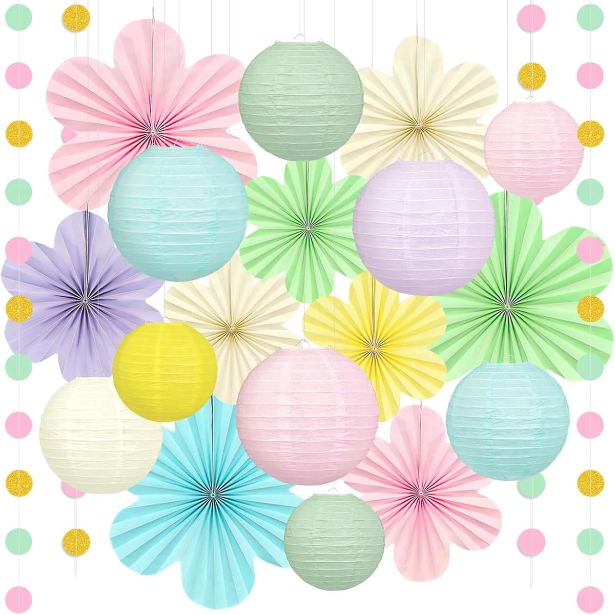 Papieren lampionnen set 20-delig - pastel kleuren - met bloemenfans - voor sfeervolle feesten - ShopVlot