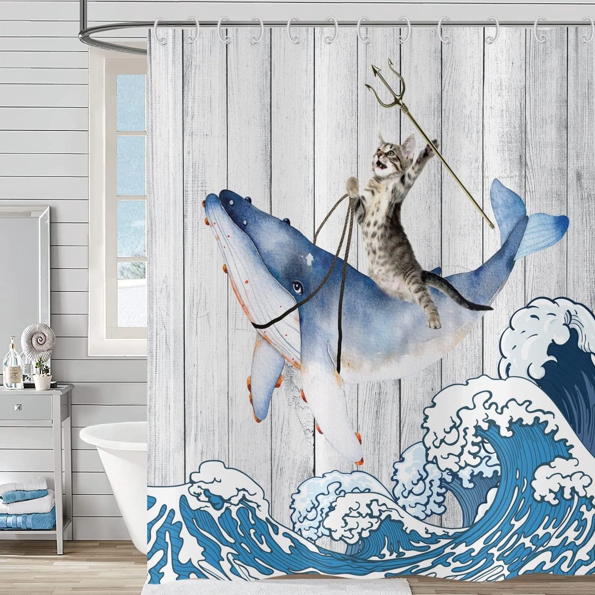 Douchegordijn funny kat - schattige kat op walvis - polyester - waterproof en wasbaar - ShopVlot