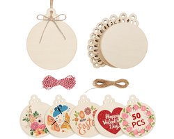 Philorn 50pcs Wooden Ornaments for Crafts 3.5 Inch Unfinished DIY Wooden Christmas Ornaments, Pre-Drilled Wooden - ShopVlot