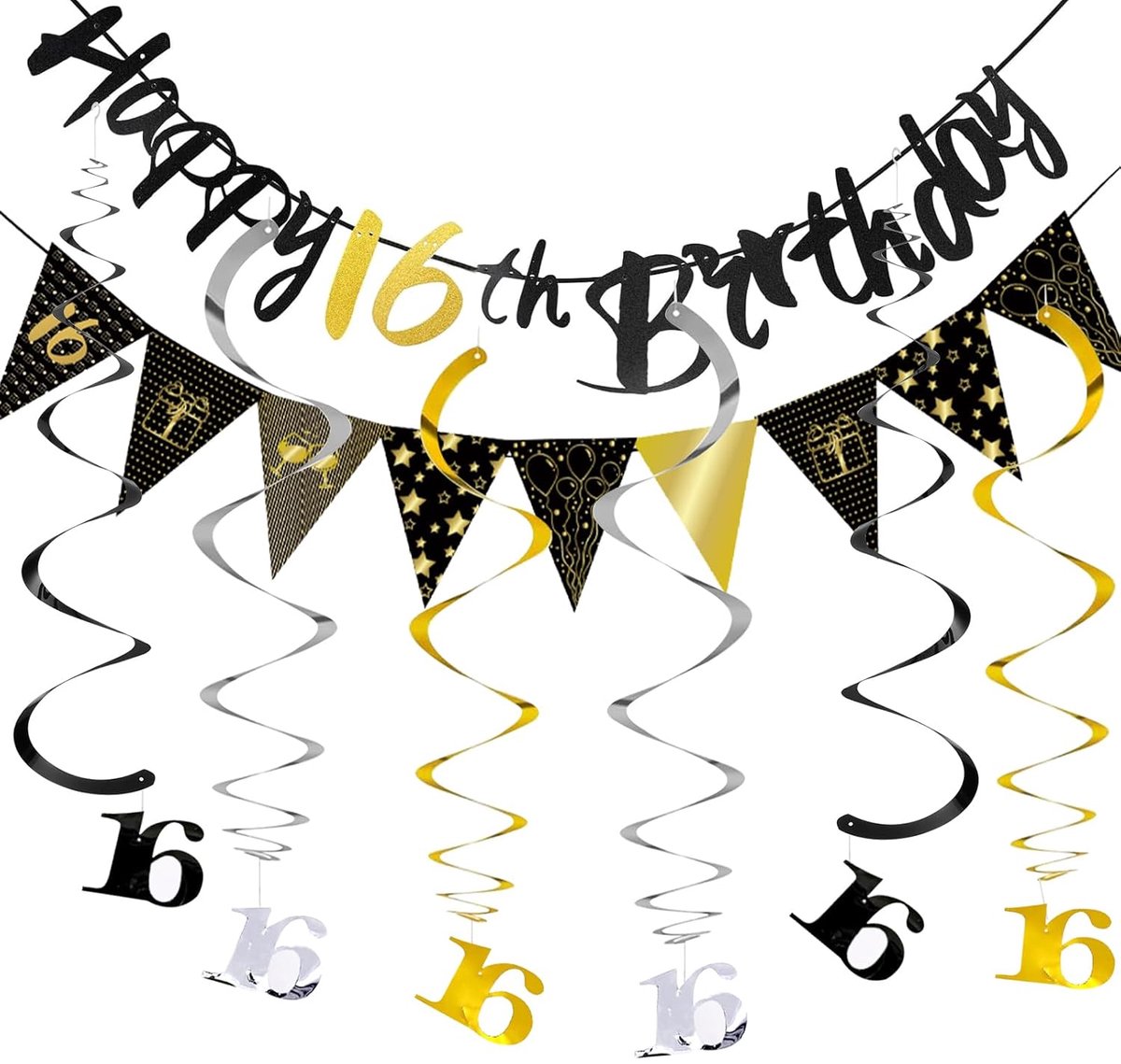 Set voor feestdecoratie 16e verjaardag - Happy Birthday-banner zwart goud - papieren slangen - SnelShoppen