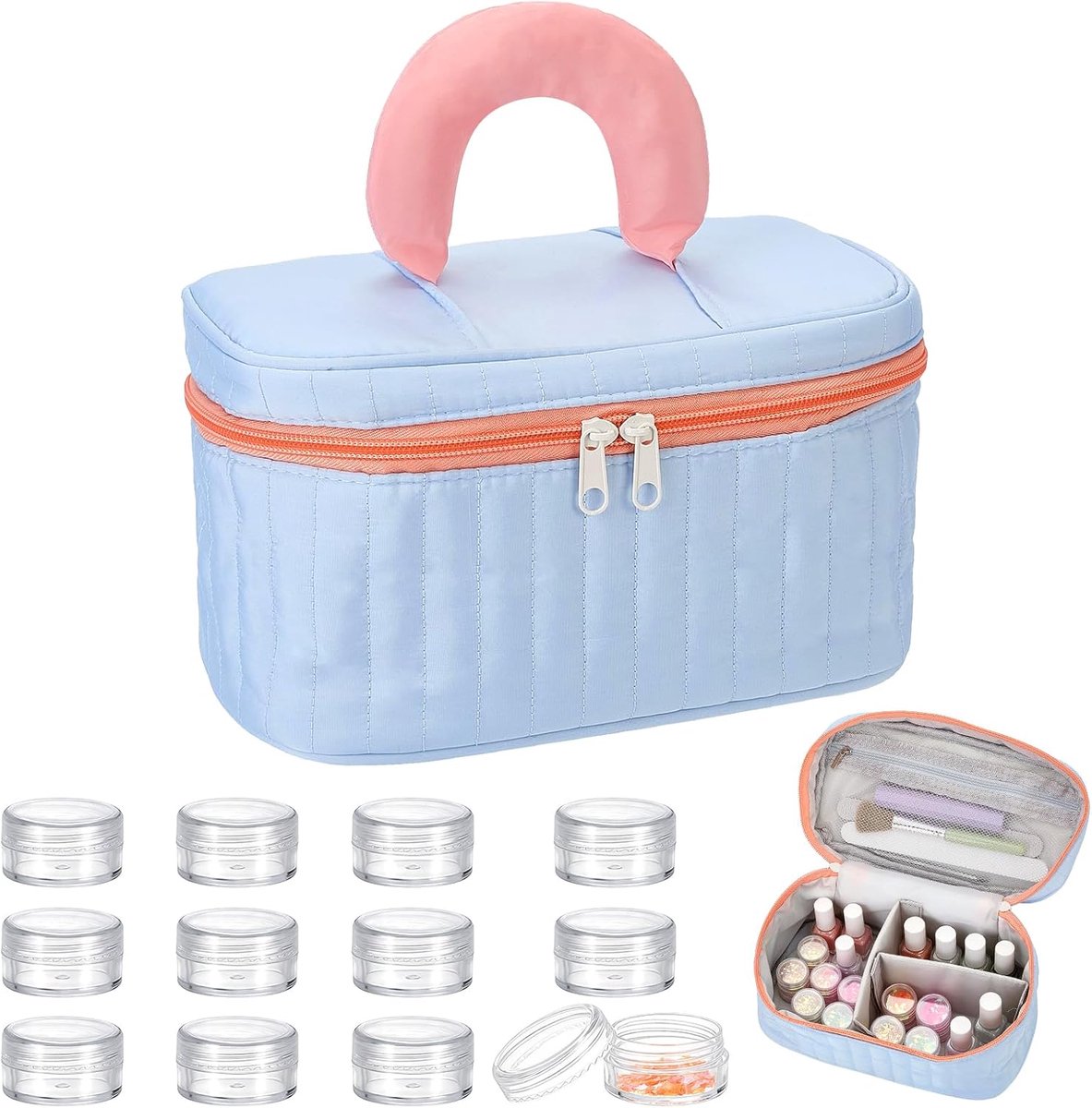 1 x nagellakorganizer, voor 24 flessen (15 ml), make-uptas van polyester met handvat, 12 stuks, plastic crèmepotjes - ShopVlot