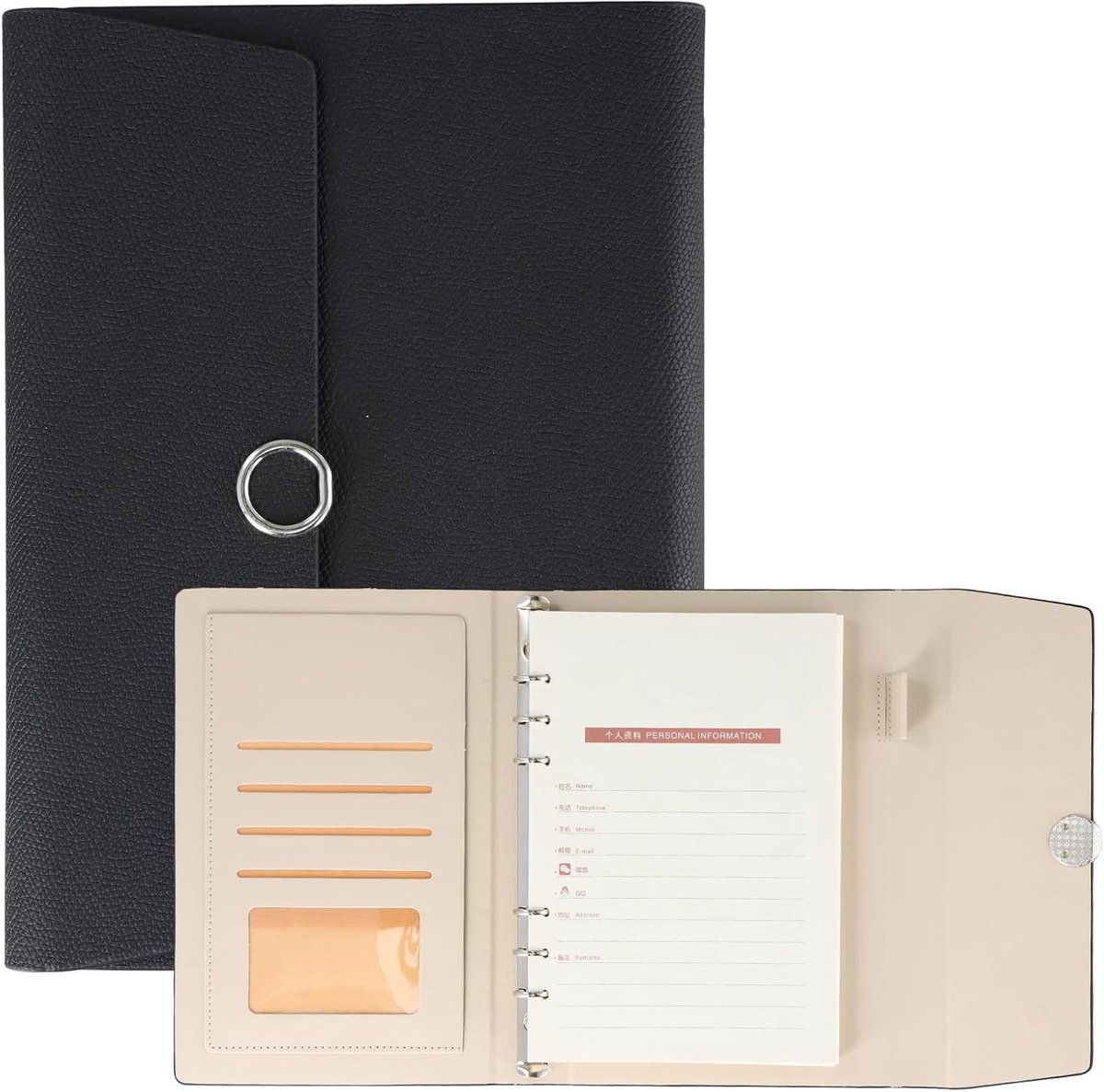 A5 ringband van zacht kunstleer, 6 ringen, vervangbaar, perfect voor agenda, notities, dagboek, met 4 kaartvakken en - ShopVlot