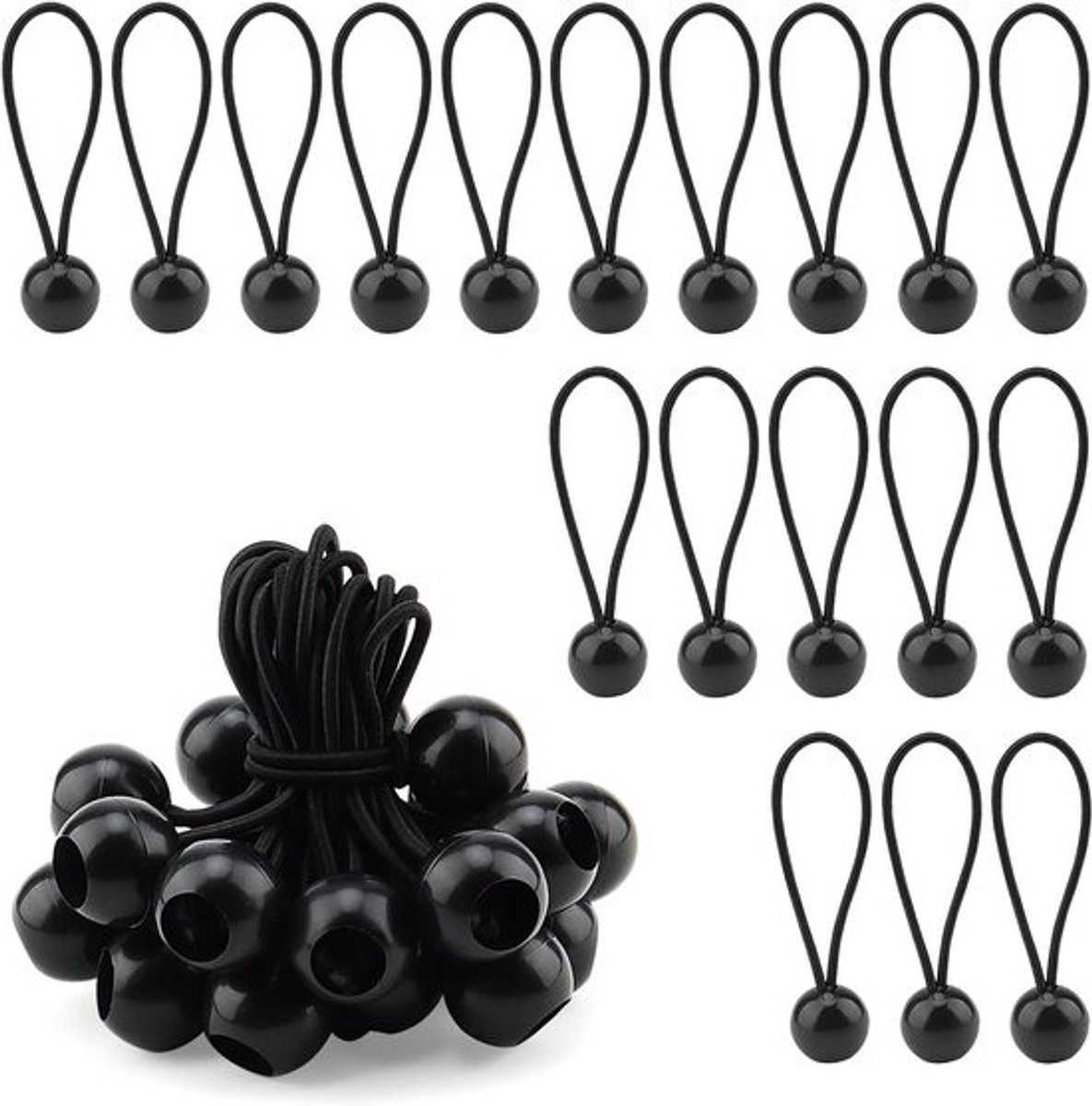 Bungee koord met ballen - 50 stuks - 10 cm - zwart - voor camping, tuin en huisdecoratie