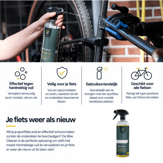Een hand spuit Bike Cleaner op een fietsketting. De tekst onderaan zegt 'Je fiets weer als nieuw'.