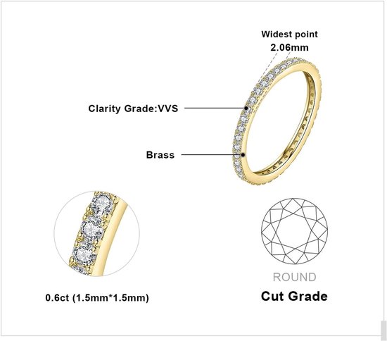 Moissanite Eternity Damesring, klassiek, 1,5 mm, moissaniet, 14K geelgoud, verguld, trouwringen voor vrouwen, voorsteekring, stapelring, bandring, smal verguld 62 — afbeelding 2