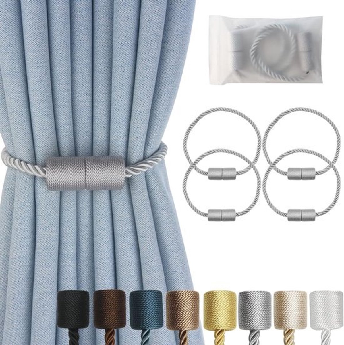 Gordijnbanden - Gordijnklemmen - Raambekleding - Magnetische sluiting - 445 cm lang - Grijs