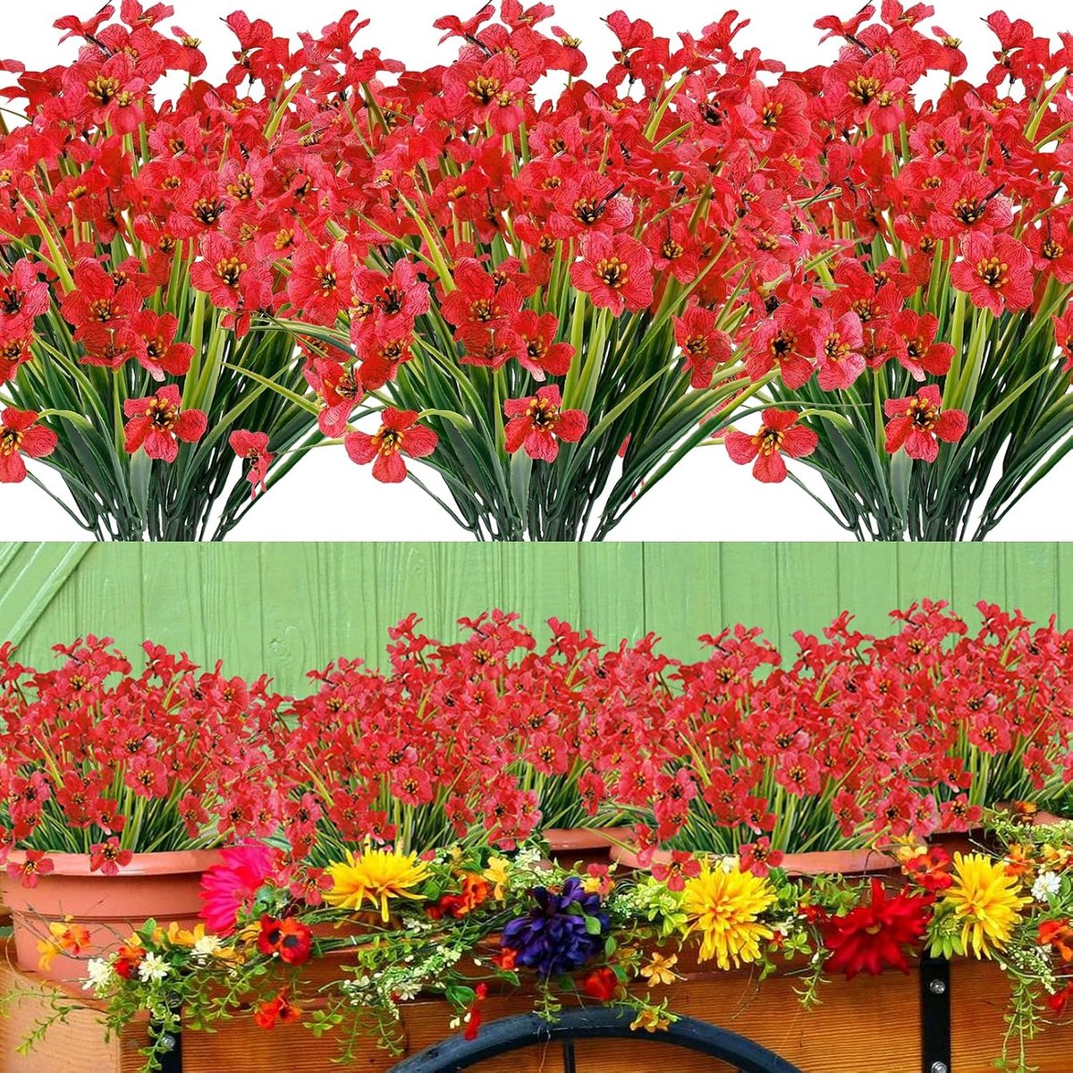 Kunstbloemen voor buiten, 12 stuks, uv-bestendige kunstplanten, struiken, takken, kunstbloemen, voor binnen en buiten, violet, voor tuin, balkon, thuis, raam (rood)