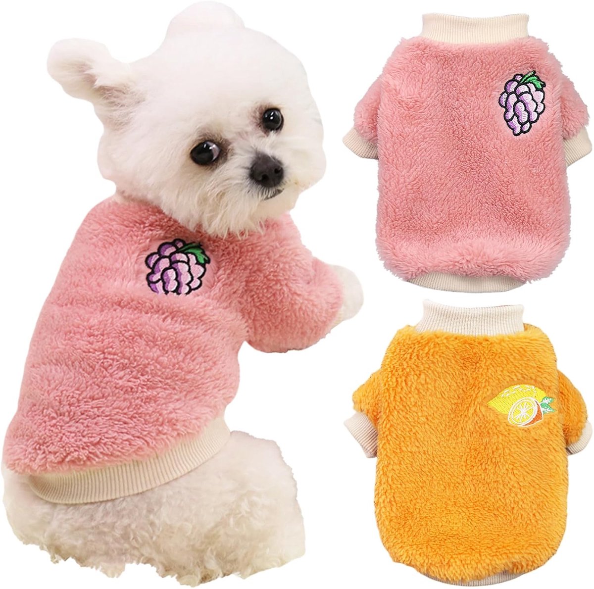 2 stuks kleine tot middelgrote hond winterkleding fleece coltrui jumpsuit schattig fruitprint kat outfit voor chihuahua yorkie teddy (roze-oranje, L)