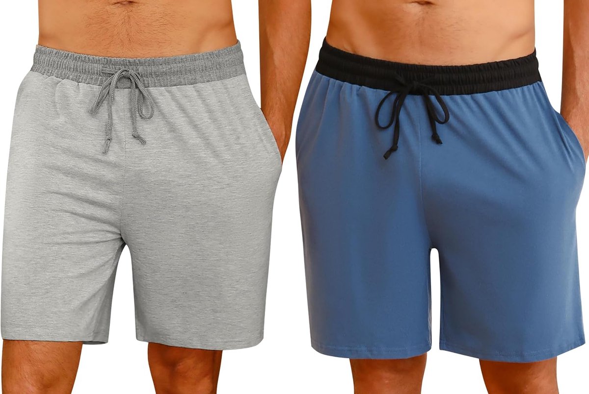 2-pack pyjamabroek voor heren, korte katoenen zomerpyjamabroek, vrijetijdsbroek, loungebroek met zijzakken en elastische tailleband