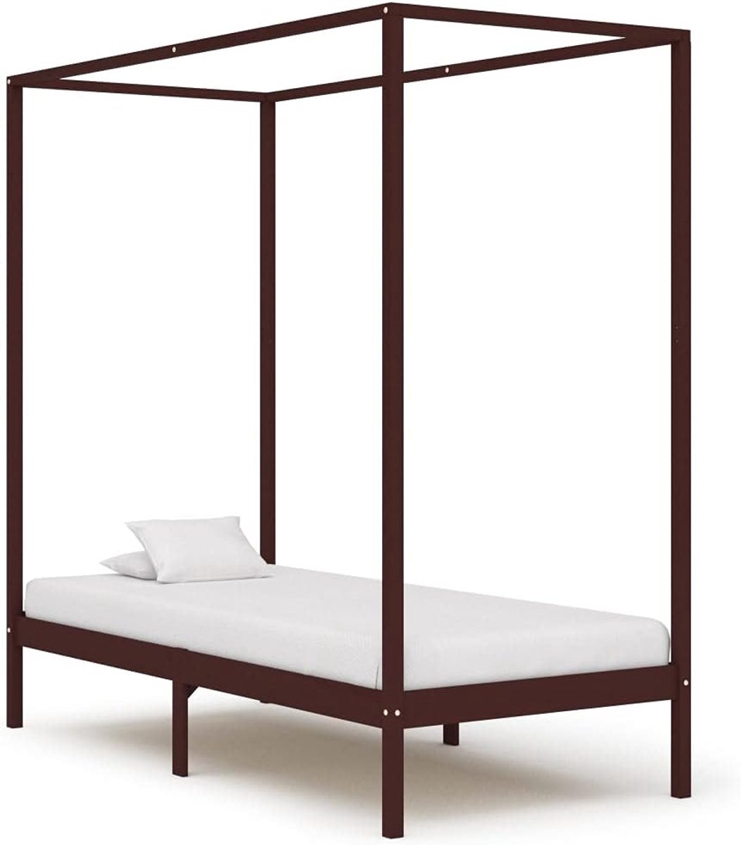 Hemelbed met lattenbodem, houten bed, bedframe, slaapkamer-meubilair, eenpersoonsbed, donkerbruin, massief grenen, 100 x 200 cm
