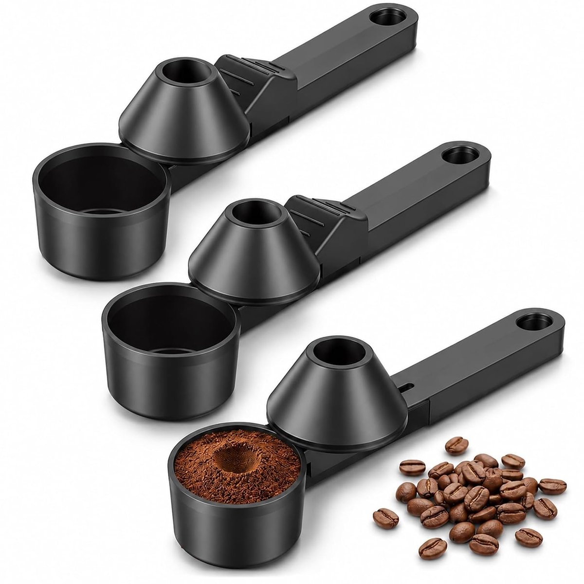 3 stuks koffielepels met trechter, koffielepel portioneerder, koffielepel en trechter voor koffie, eiwitpoeder, thee en specerijen (zwart)