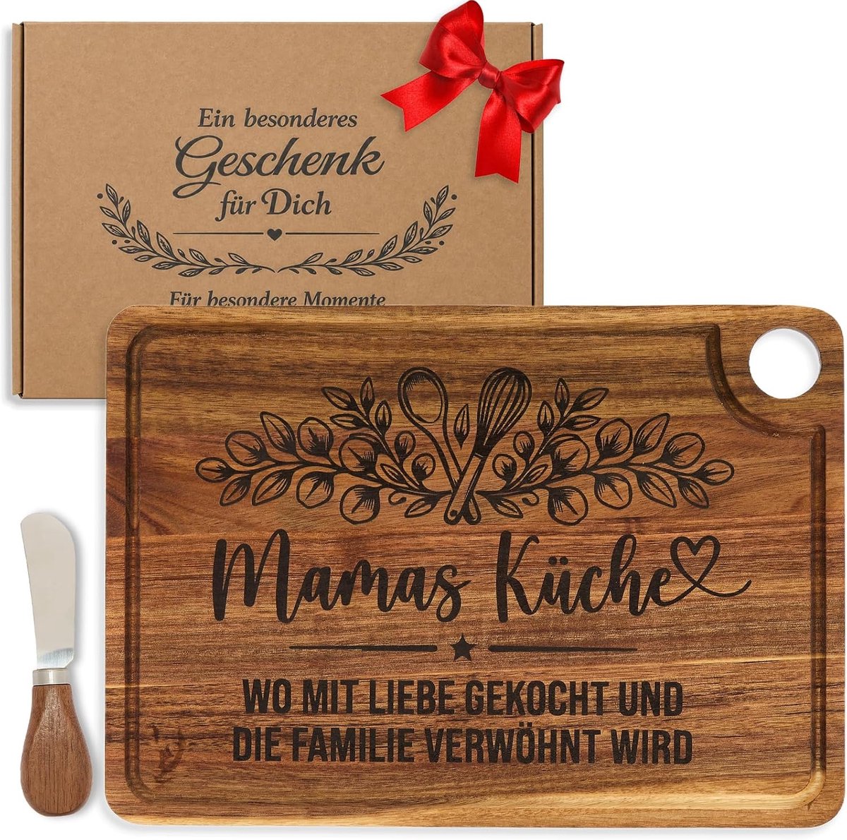 Cadeau - snijplank van acaciahout met kaasmes, mama cadeau verjaardag, snijplank hout, moederdagcadeaus voor mama, kerstcadeau voor mama, kerstcadeaus voor mama