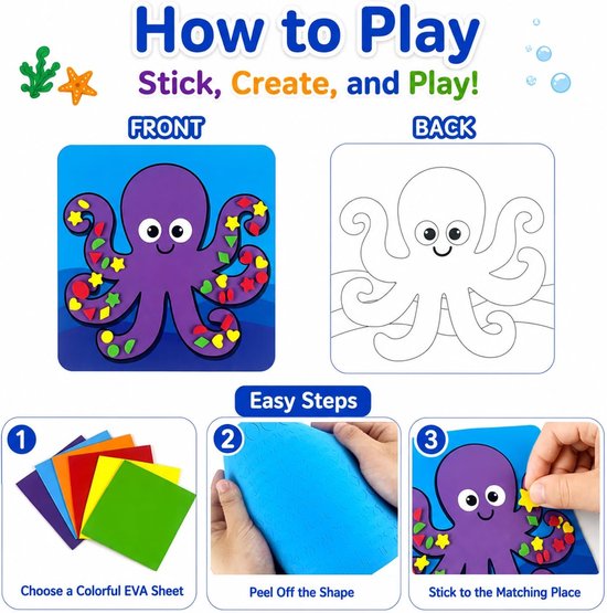 Mozaïekset voor kinderen jaar, 6 kaarten met oceaanthema, creatieve set, EVA-stickers, creatieve activiteit, doe-het-zelf, educatief en reisspel voor jongens en meisjes — afbeelding 5