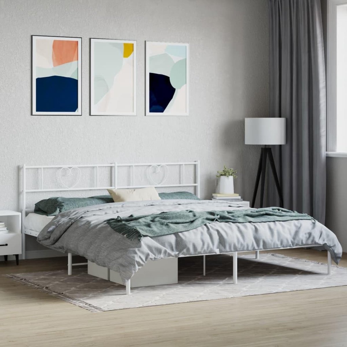 Bedframe met hoofdeinde metaal wit 183 x 213 cm Telaio per camera da letto Cornice da letto per soggiorno Struttura del letto dell'hotel Adatto per camera da letto