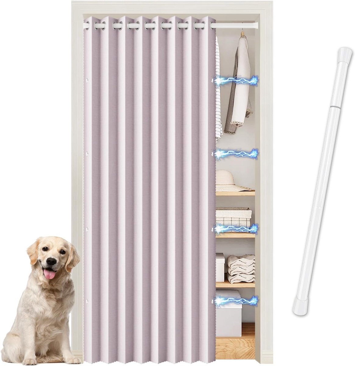 Gordijn voor deur met telescoopstang zonder boren, verduistering, accordeon-deur voor woonkamer, deurgordijn 195 cm hoog, voor keuken/kleedkast/stang, wit, 70-128 cm