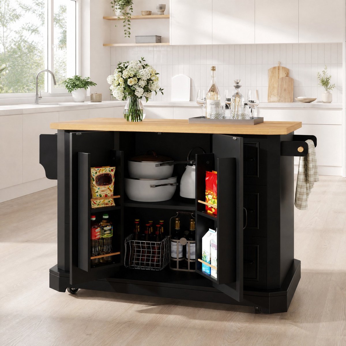 WUVRIE - Mobiele keukeninsel 120 x 45 x 91 cm - 2 deuren, 6 lades en 5 wielen - Zwart