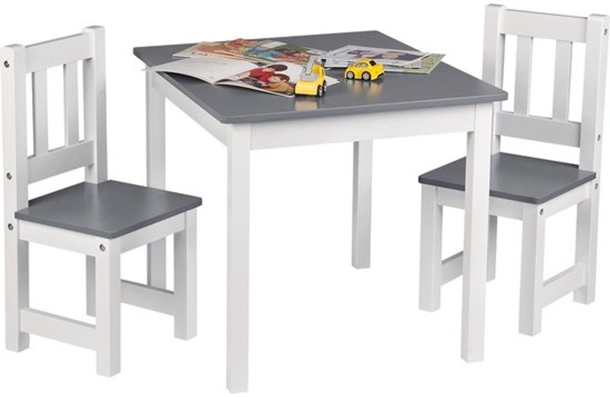Kindertafel met 2 stoeltjes - Kindermeubel, tafel en tafeltje - Voor peuters, kleuters en kinderen - Van hout - Grijs en wit