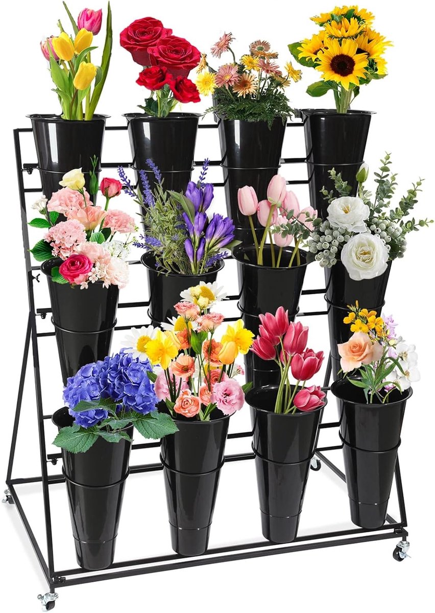 Bloemendisplaystandaard met emmers - 3 lagen 12 emmers, plantenstandaard, mobiele bloemenwinkeldisplaystandaard met wielen, voor binnen buiten patiotuin, woonkamer, bloemist (C)