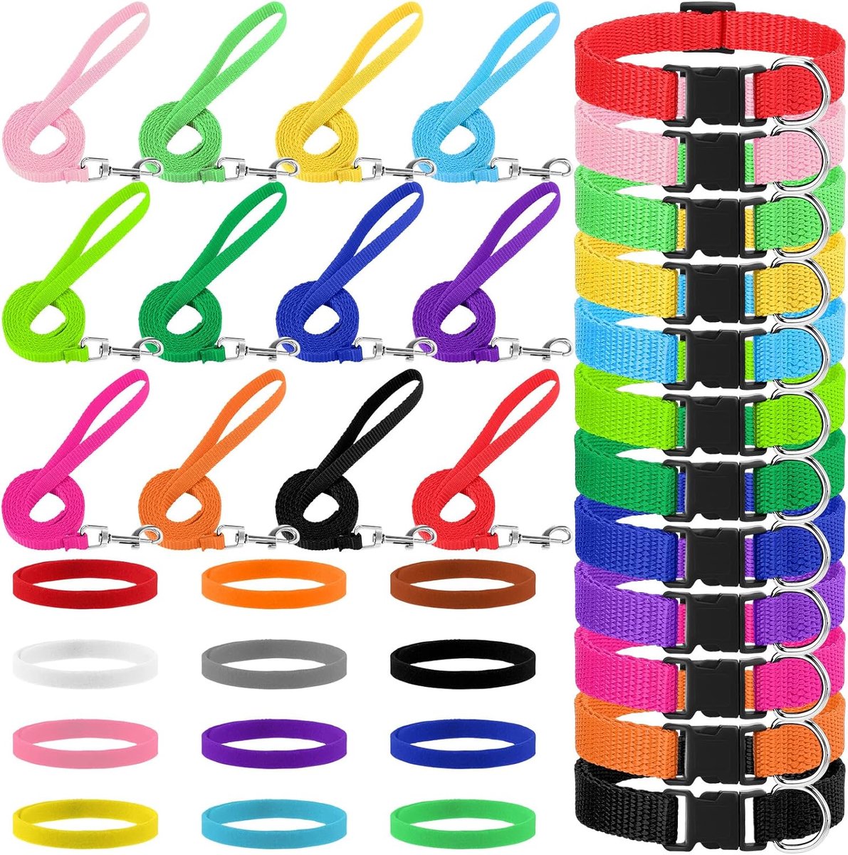 36-delige set puppyhalsband en riem, verstelbare kleurrijke halsband en riem met snelsluiting, clipgesp, puppyhalsbanden, wattenhalsband voor kleine en middelgrote honden, wandeltraining