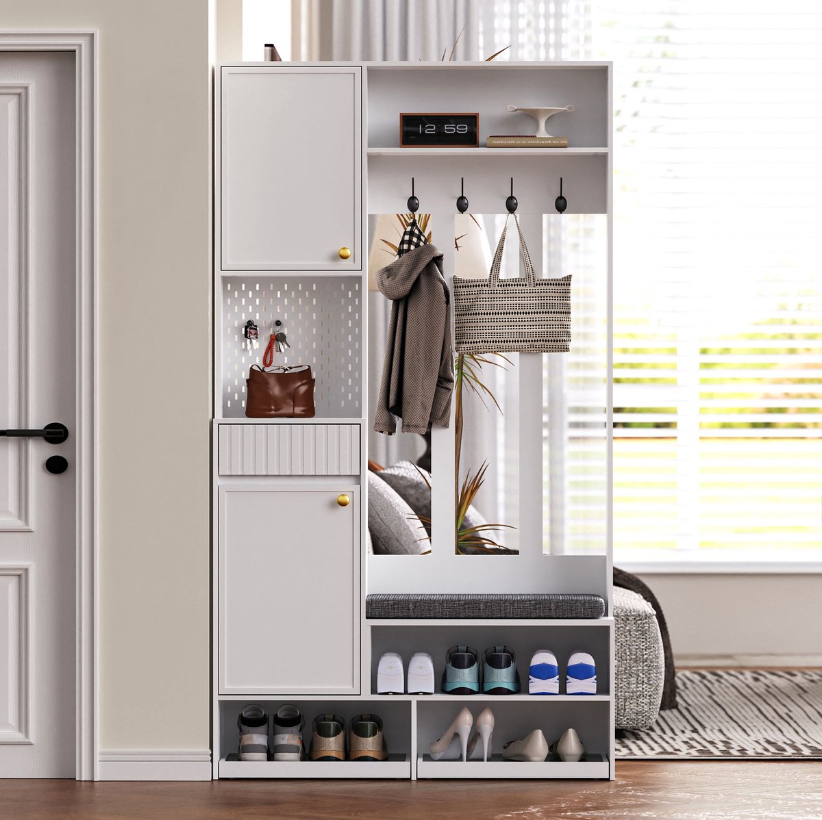 MEUNIQ halmeubel met zitbank 100 x 35 x 180 cm - 4 kledinghaken, 2 lades, open vakken en kastdeuren voor hal en entree - Wit
