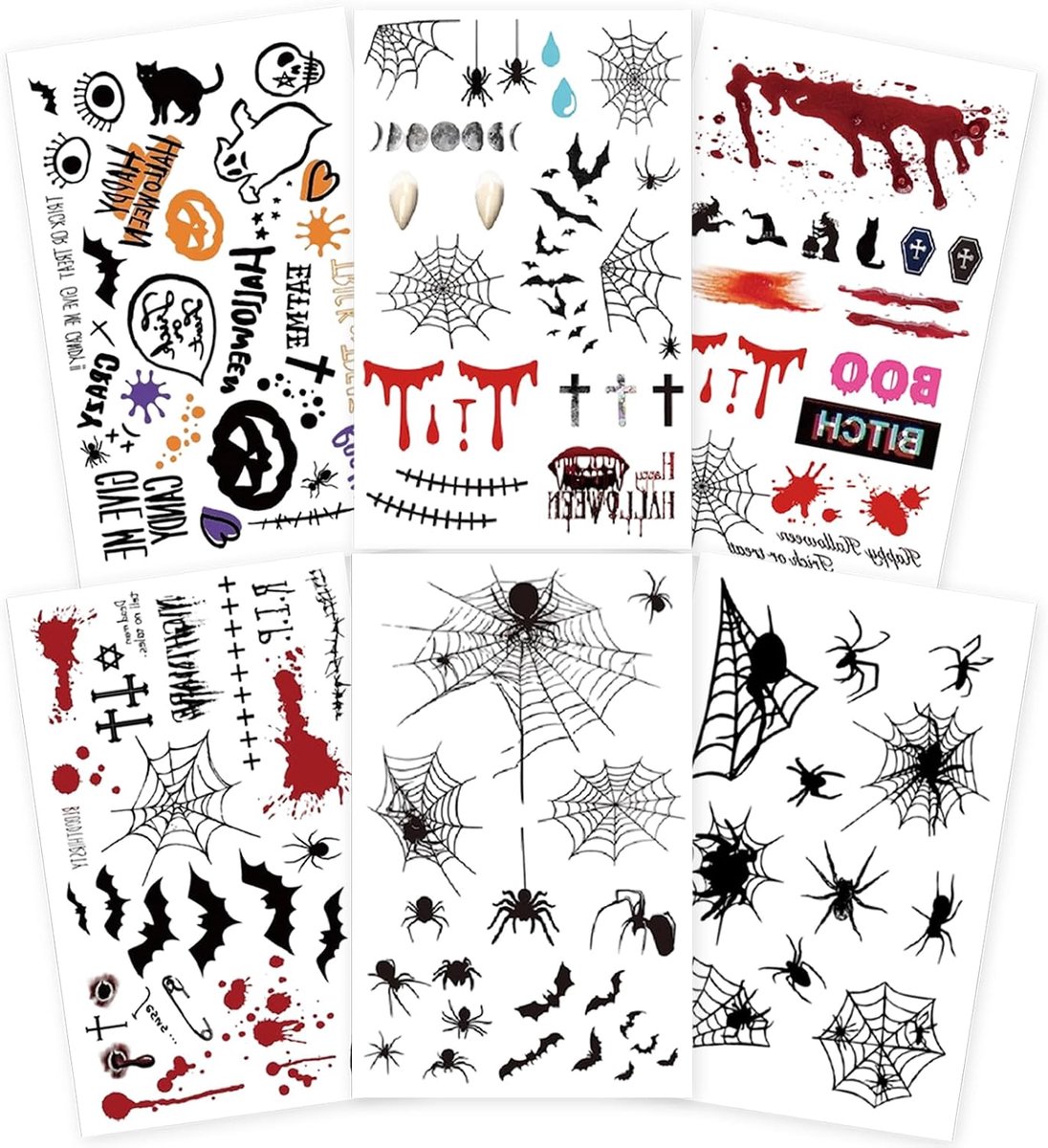Tijdelijke Halloween-tatoeagestickers met nep-littekens in de vorm van spinnen en vleermuizen, voor gezichtsmake-up, Halloween, carnaval en vampier-rollenspel