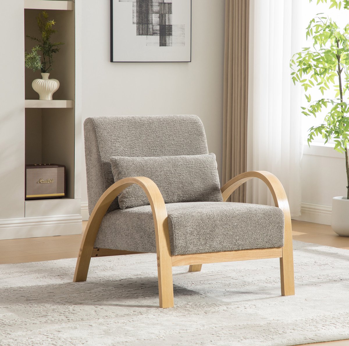 MEUNIQ Scandinavische chenille fauteuil 82 x 70 x 83,5 cm met houten poten voor woonkamer, slaapkamer en wachtruimte - grijs