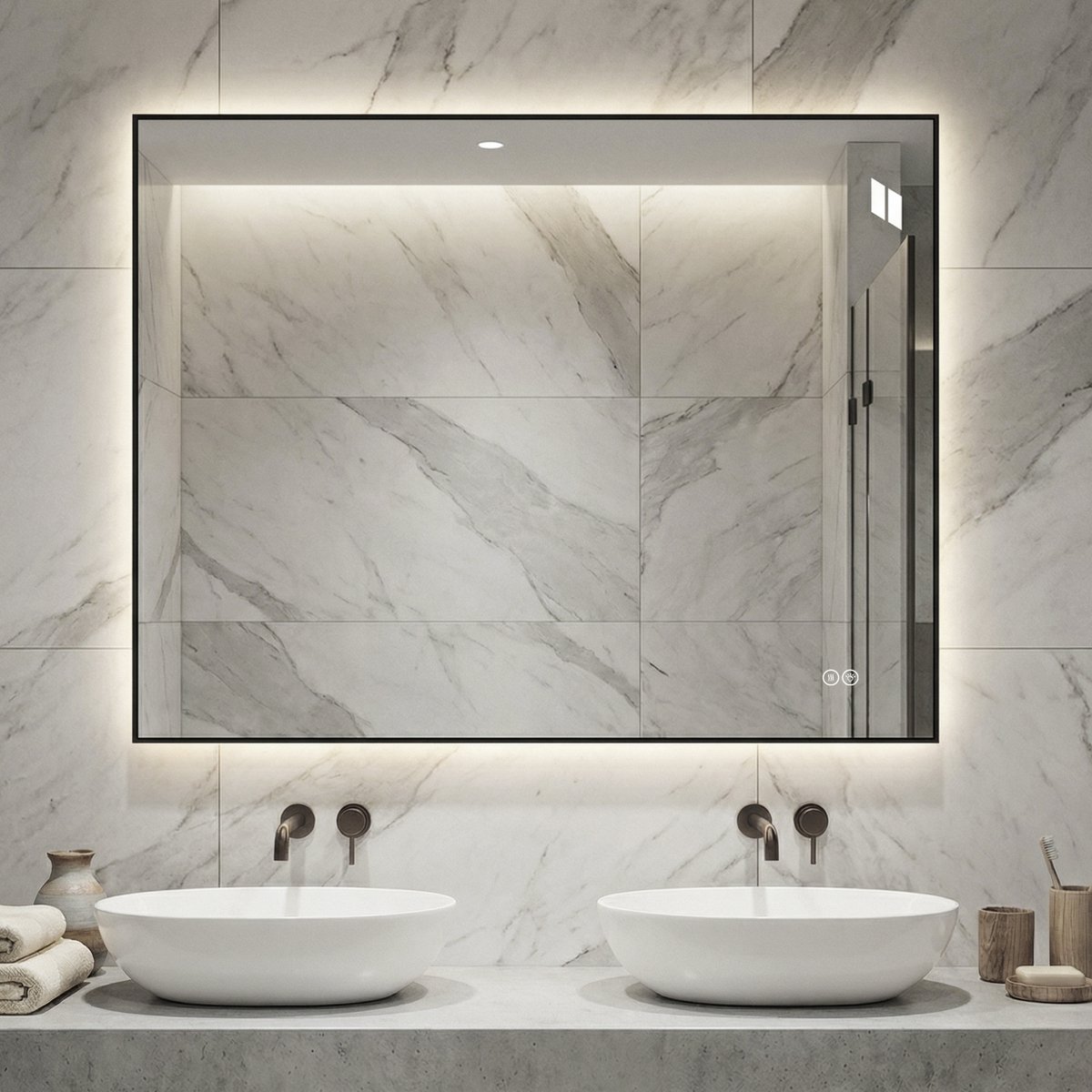MEUNIQ LED badkamerspiegel 90 x 70 cm met aluminium lijst, achtergrondverlichting, anticondens, 3 lichtkleuren, traploos dimbaar en geheugenfunctie Zilver