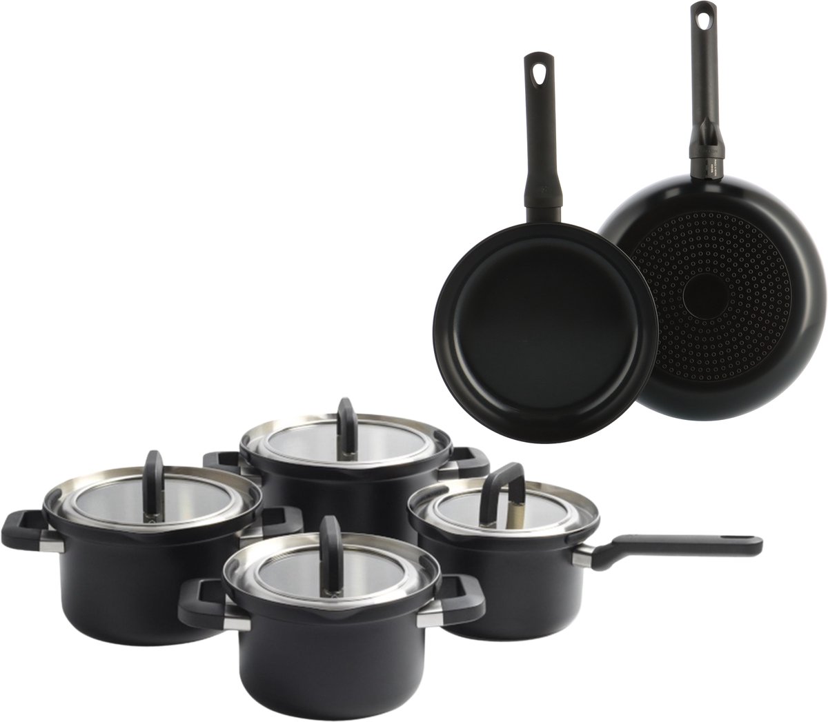 BK Flow Cool Black 6-delige pannenset - 4 kookpannen met deksel - 2 BK Enjoy koekenpannen zwart Ø 24/28 cm