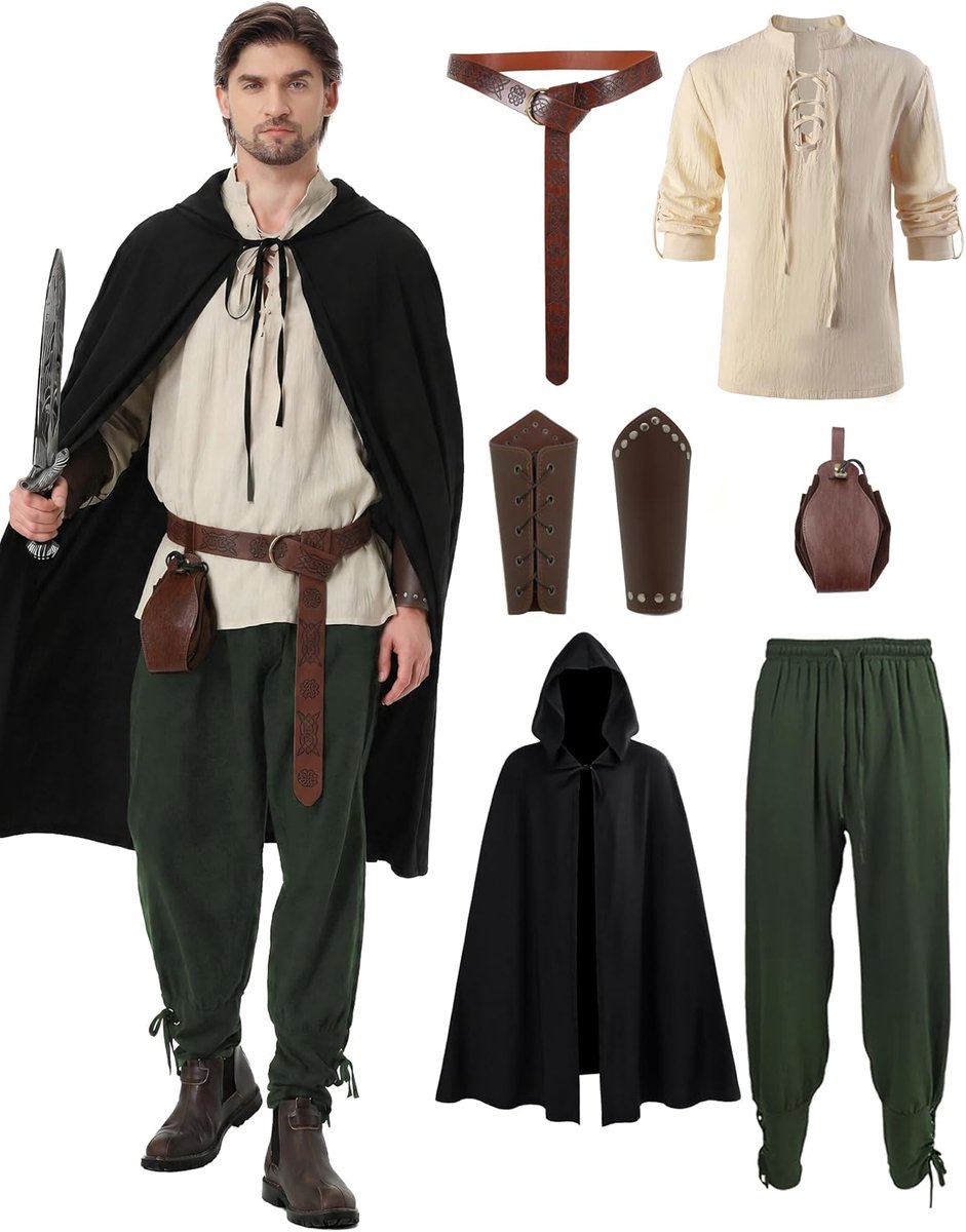 kostuum voor heren, renaissance-kostuum, 7-delig, middeleeuwse kleding voor heren met klassiek shirt, middeleeuwse broek, riem, accessoires
