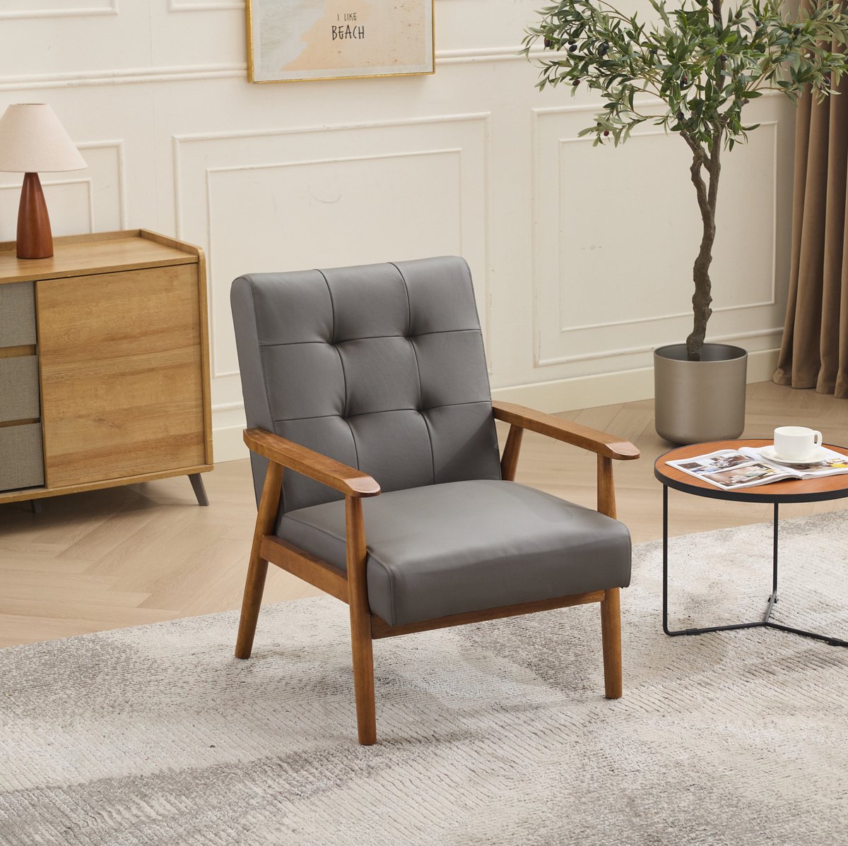 MEUNIQ Fauteuil van leer 64 x 80 x 83 cm met houten armleuningen, gewatteerde gestikte rugleuning en rubberhouten poten voor woonkamer, grijs