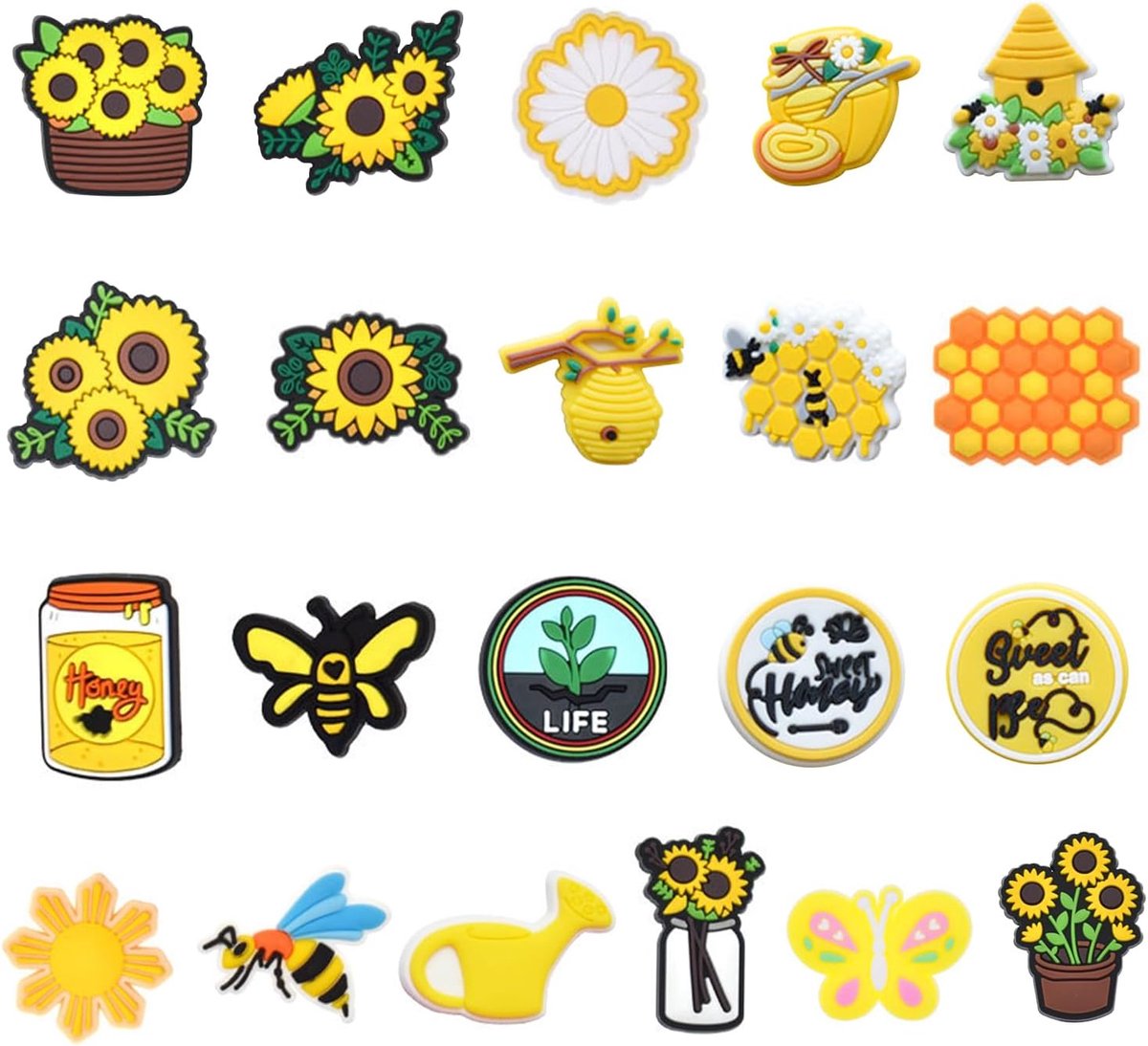 21 zonnebloem schoenornamenten, schattige cartoon schoendecoraties, doe-het-zelf schoenaccessoires, bloemenschoenaccessoires, verjaardagscadeau, feestcadeau, 2,5-3 cm, PVC