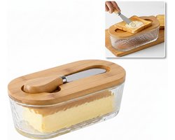 Glazen botervloot - met deksel en mes - luchtdicht - voor koelkast en aanrecht - boterbewaarder - voor thuiskeukens - transparant met hout - 17x8x6 cm - 1 stuk