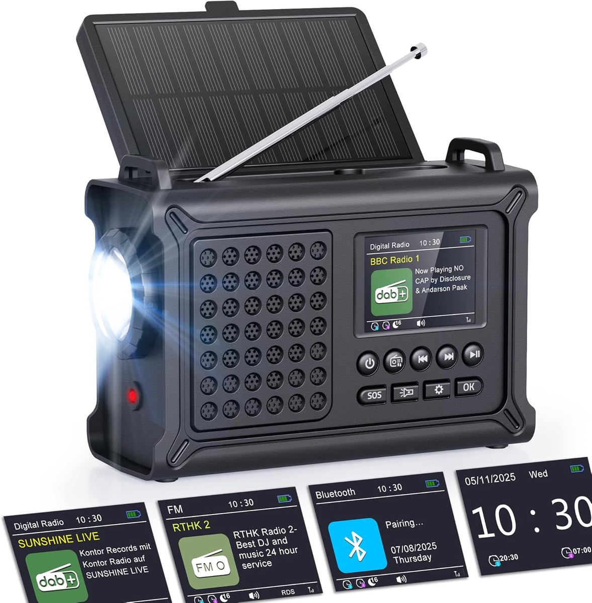 Zwengelradio DAB+/FM, Draagbaar noodradio 12000 mAh met 8500 mm² zonnepaneel & 650 mA dynamo, digitaal radio met Bluetooth, 2,4" kleurenscherm, 80 zenders, SOS, LED-zaklamp, USB, IPX6 voor