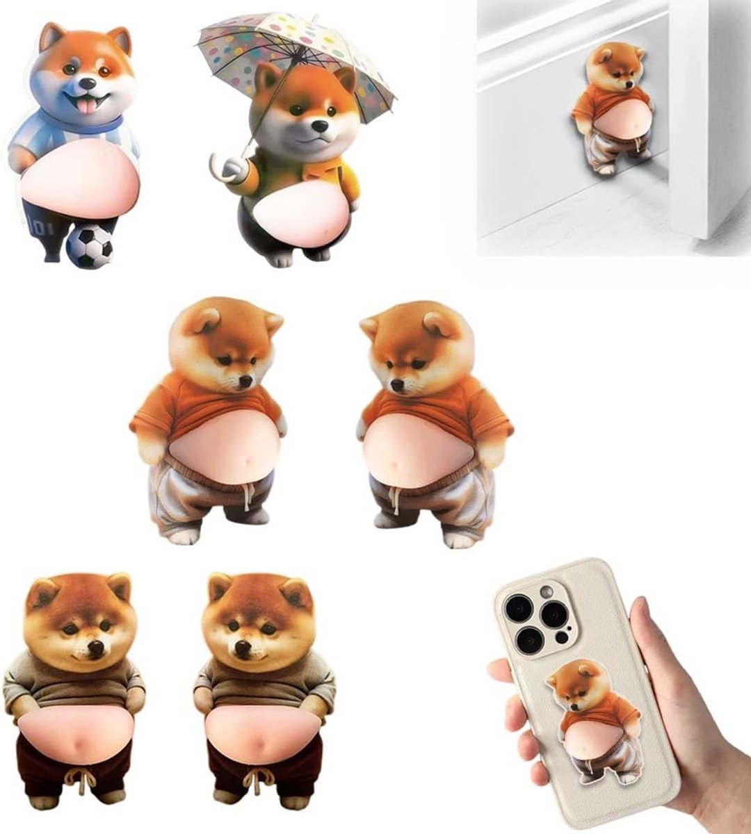 Set van 6 Deurstopper Stickers met Schattige Shiba Inu Puppies, Ideaal voor Deurbeveiliging en Decoratie, 11 x 7 cm, PVC, Meerkleurig, Sterke Hechting op Diverse Oppervlakken