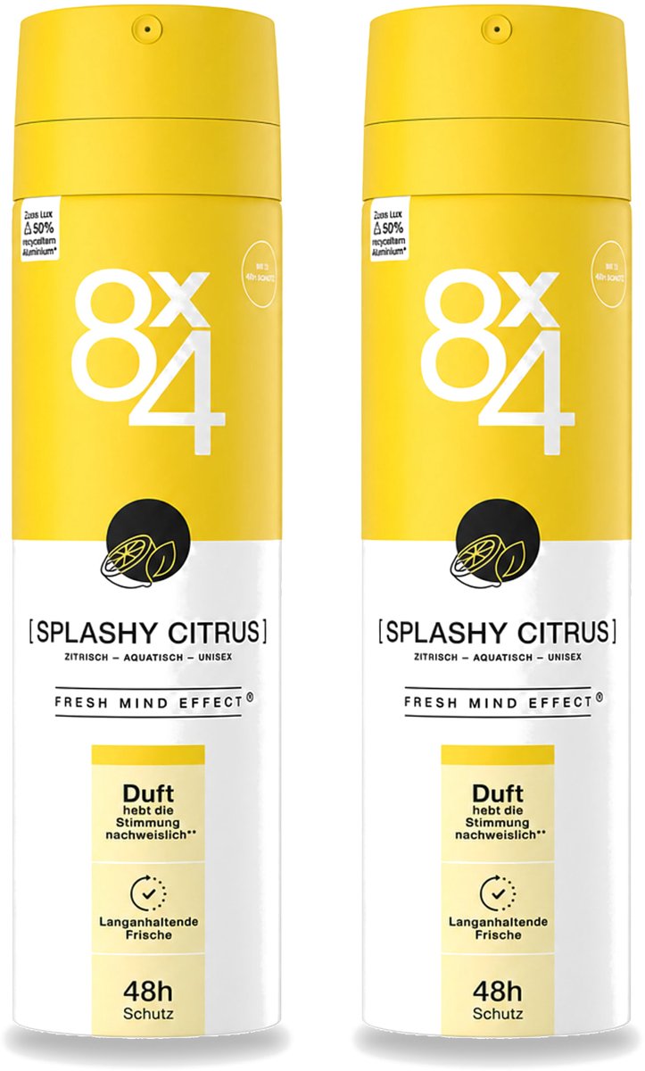 2 x 8 x 4 Deospray - Splashy Citrus - Deodorant - Citrusgeur - 150 ml - Voordeelverpakking - 2 stuks
