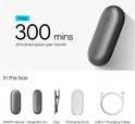 Grijze recorder, "Free 300 mins of transcription per month". Inhoud van de doos: recorder, magnetische pin, clip, oplaadstation en USB-C kabel.