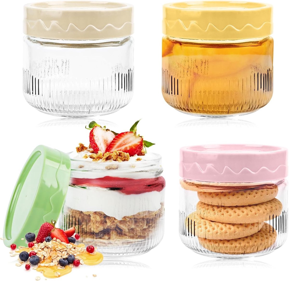 Set van 4 Herbruikbare 250ML Jars voor Overnight Oatmeal, Jam, Pickles en Pudding - Ideaal voor Maaltijdvoorbereiding en Bewaren
