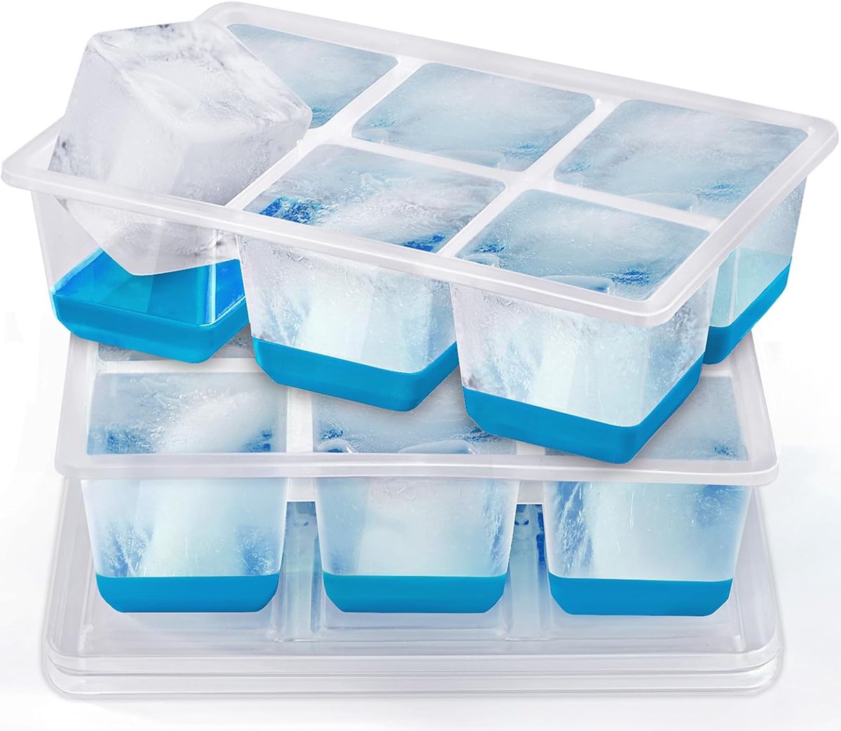 6CM Ijsblokjesvorm met Deksel, Groot en Transparant, JRISBO Siliconen Ijsblokjesvormen BPA-vrij en Gemakkelijk te Openen, XXL Grote Ijsklontjes Vorm Ice Cube Tray Ijsblokje Ijsvorm (2 BLAUW)