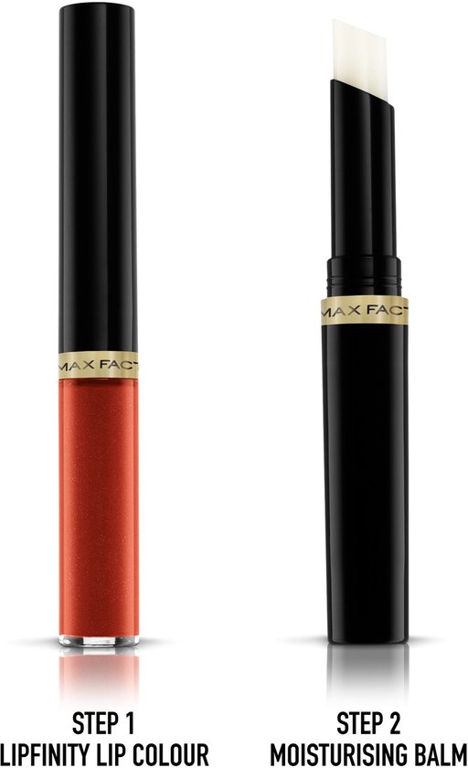 Max Factor Lipfinity Lip Colour in oranje-rood naast de bijbehorende hydraterende balsem.
